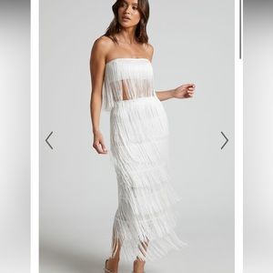 AMALEE TWO PIECE SET - FRINGE STRAPLESS CROP TOP AND MIDI SKIRT SET IN WHITE
